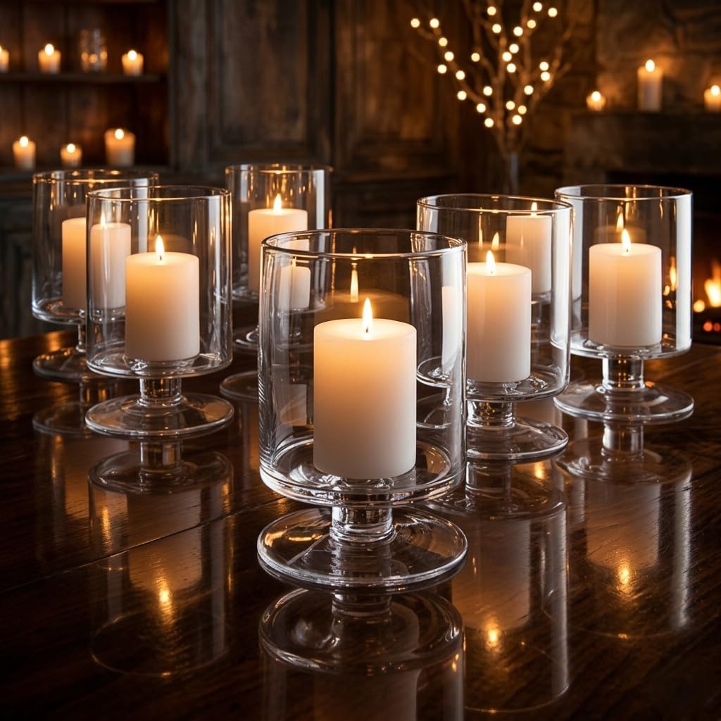 Surekha Hurricane Pillar Candle Holders | Short Stem Candle Jars | Stemmed Glass Cylinder Candle Vase| Center Piece for Table for Home, Office, Living Room Decor (1)