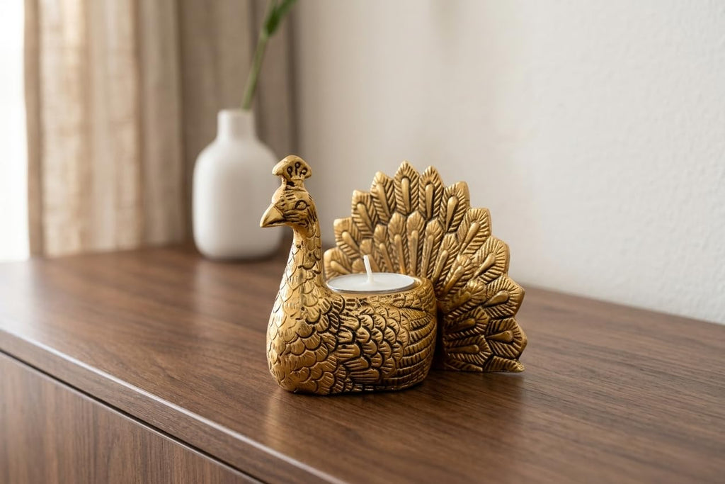 KridayKraft Designed with a Versatile Central Cavity, This Peacock Serves as a Stunning tealight Candle Holder, a mini Indoor Planter, a Unique Pen Stand,(Peacock Small Golden)