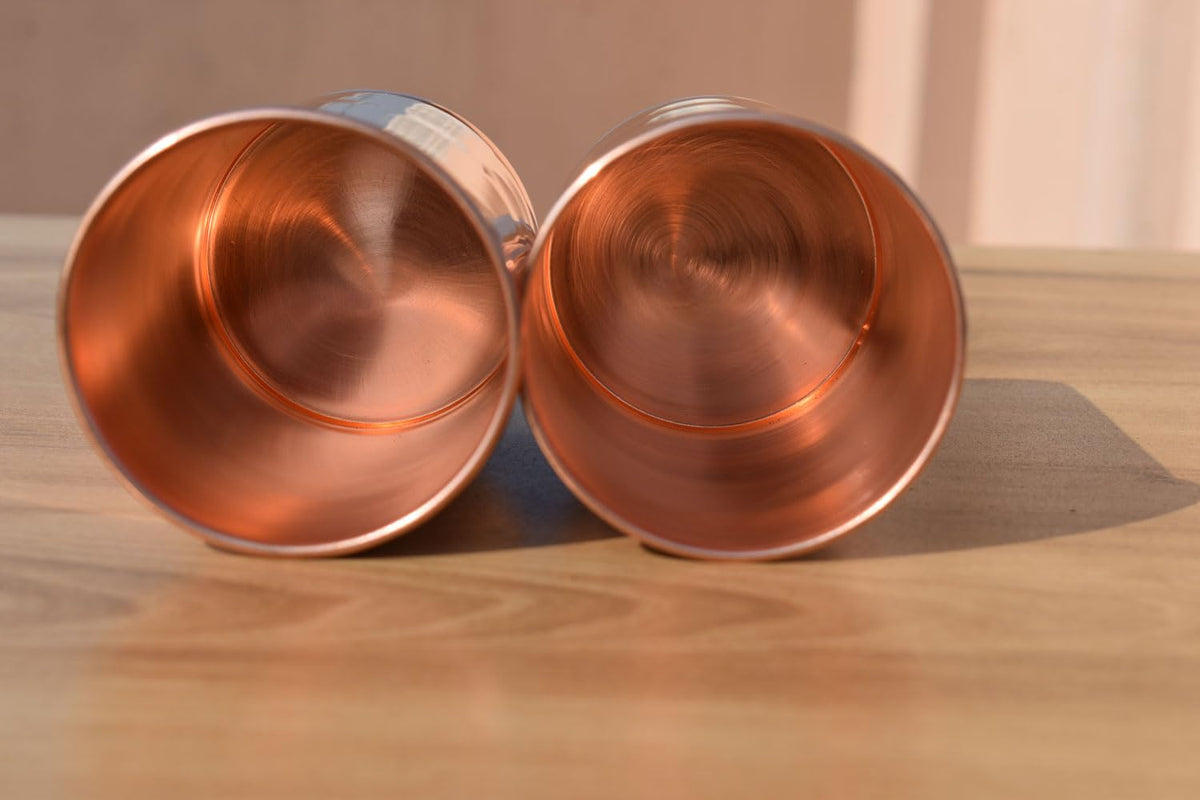 HEALTHANDWEALTH Pure Copper Tumbler Set of 2 Copper Glass Tumblers Leak Proof Seamless Plain Brown Glass Ayurvedic Use Travelling Purpose