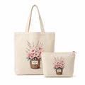 Esycarry Vase Print Canvas Tote Bag with Matching Zipper Pouch Set for Women, Artistic Cotton Shopping Tote with Organizer Pouch, Reusable Handbag for Work, Travel & Everyday Use