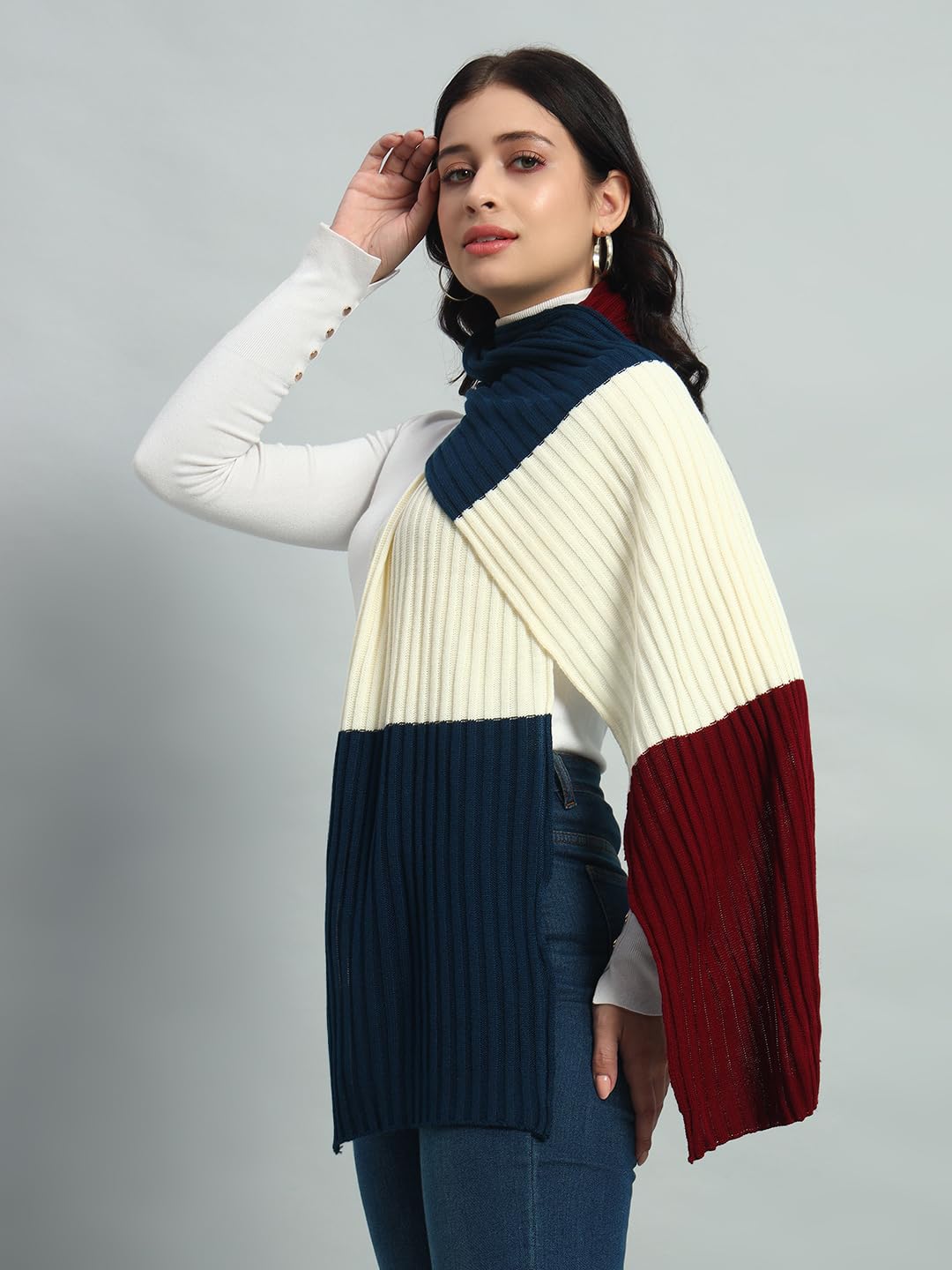 Ravaiyaa - Attitude is everything Reversible Wool Scarves Knitted Pattern Women Neck Wraps Muffler Winter Wool Scarf 65 x14 Inch (White, Maroon & Blue)