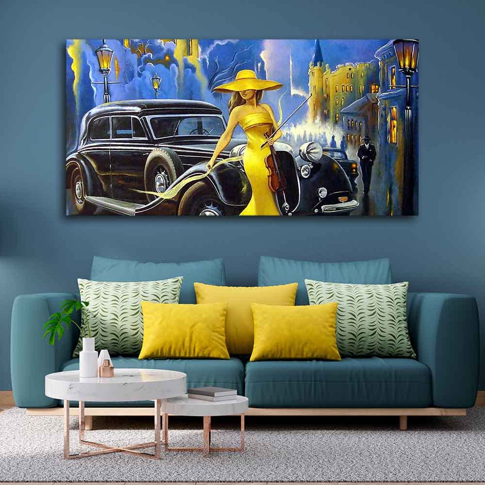 VIBECRAFTS Canvas Paintings for Living Room Drawing Room Woman With Car Canvas Wall Painting Fitted With Wooden Frame for Home | Office | Gift (PTVCH_2450)