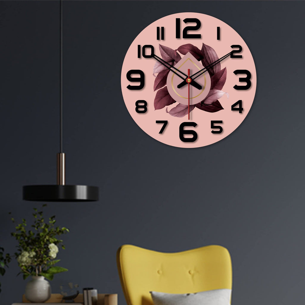 VIBECRAFTS Leaves Printed Pattern Wooden Wall Clock for Home Decor | Office | Livingroom | Bedroom | Cafe | Gifts (WWCVC1Pcs_15064)
