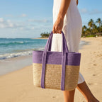 Loom & Luster Handwoven Jute Tote Bag Dual Tone Summer Shoulder Bag | Lightweight Eco-Friendly Handbag for girls and woman (Beige & Purple)