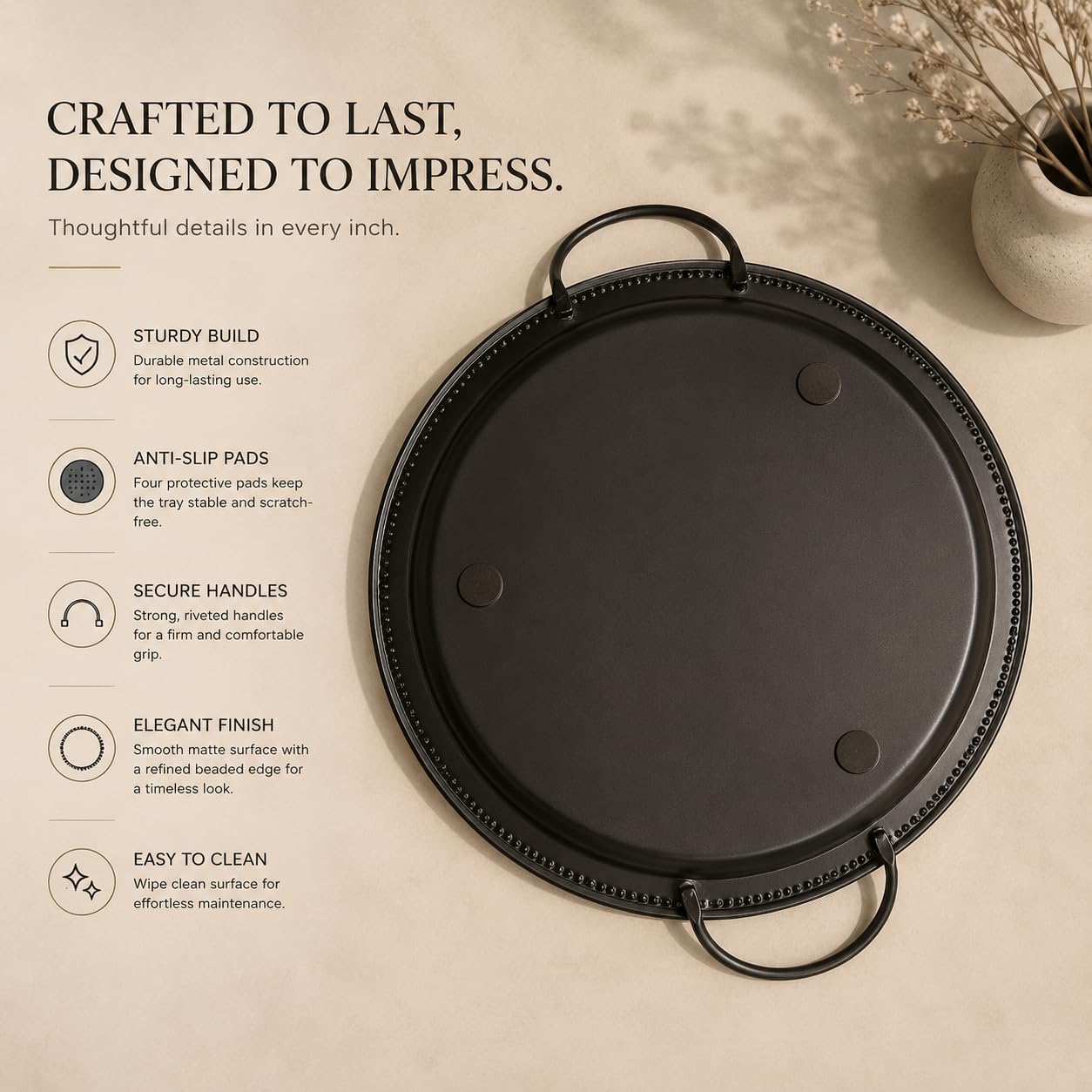 Be Happy Modern Hammered Metal Serving Tray with Handles Round Decorative Platter for Coffee Table Dining Serving Home Decor and Kitchen Use (Black)