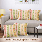 STITCHNEST 'Little Meadow Series' Tassled Cushion Cover | Set of 5 | Floral Cushion Cover 16 inch x 16 inch