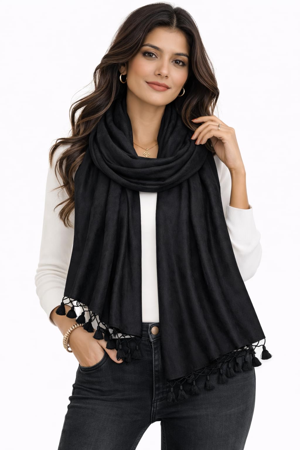 ZEN APPAREL Soft Viscose Fabric Jacquard Scarf, Stole, Shawl (Black)