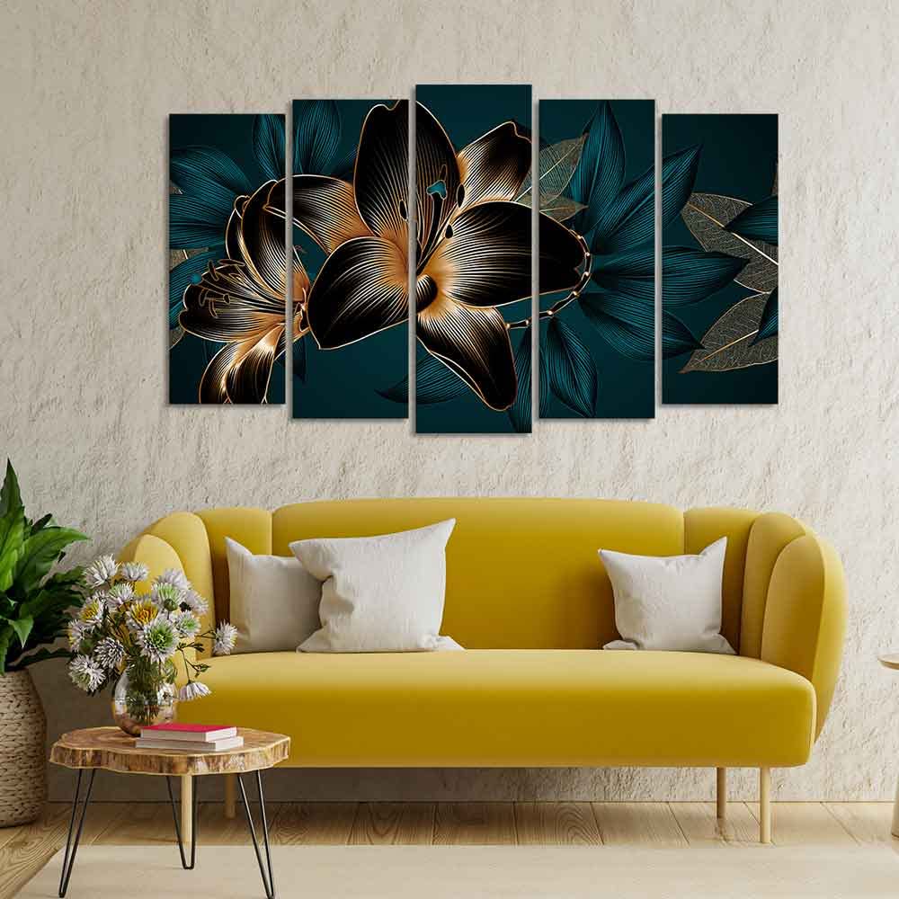VIBECRAFTS Beautiful Lilies Flowers Canvas Wall Painting Set of Five Pieces For Home|Office|Living Room|Gift (PTVC5Pcs2_6594)