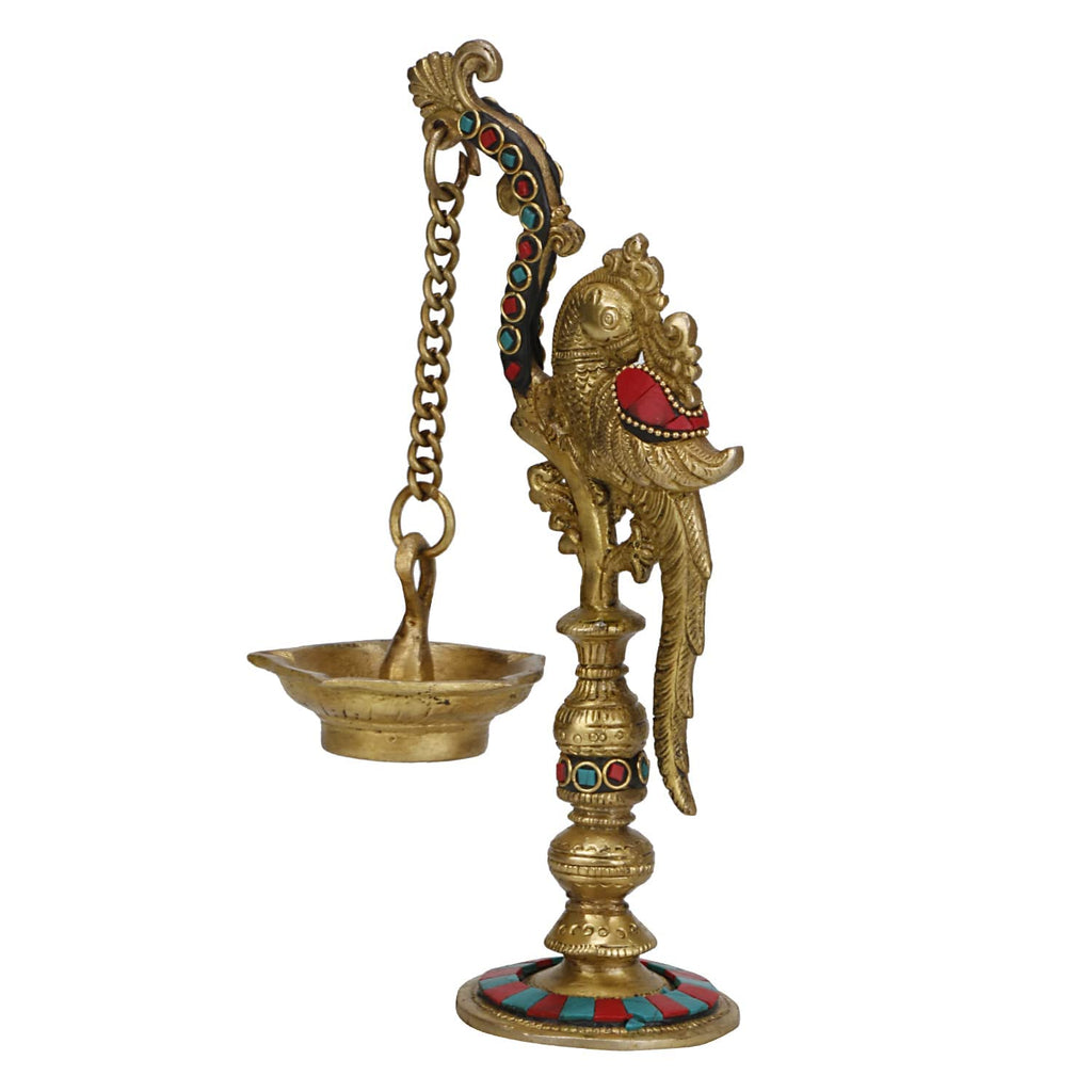 Svarup 9 Inch Small Multicolor Brass Parrot Long Chain Oil Lamp Diya: Ideal for Home Temple, Camphor/Kapur Burning, and Tabletop Puja