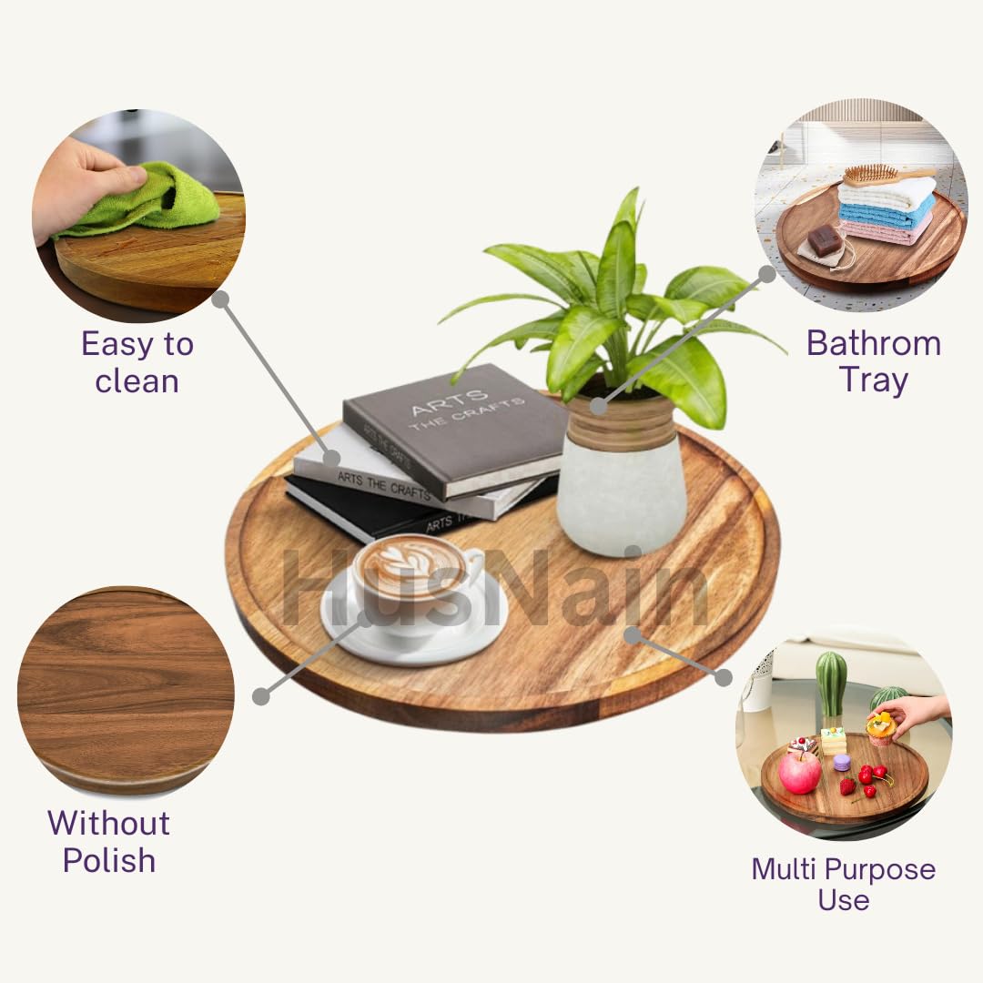 HusNain Wooden Handmade Round Serving Tray for Home Decoration- Wood Tray for Kitchen Dining Room Table - Platter for Office- Candle Tray for Coffee Table, Coffee or Breakfast (Standard)
