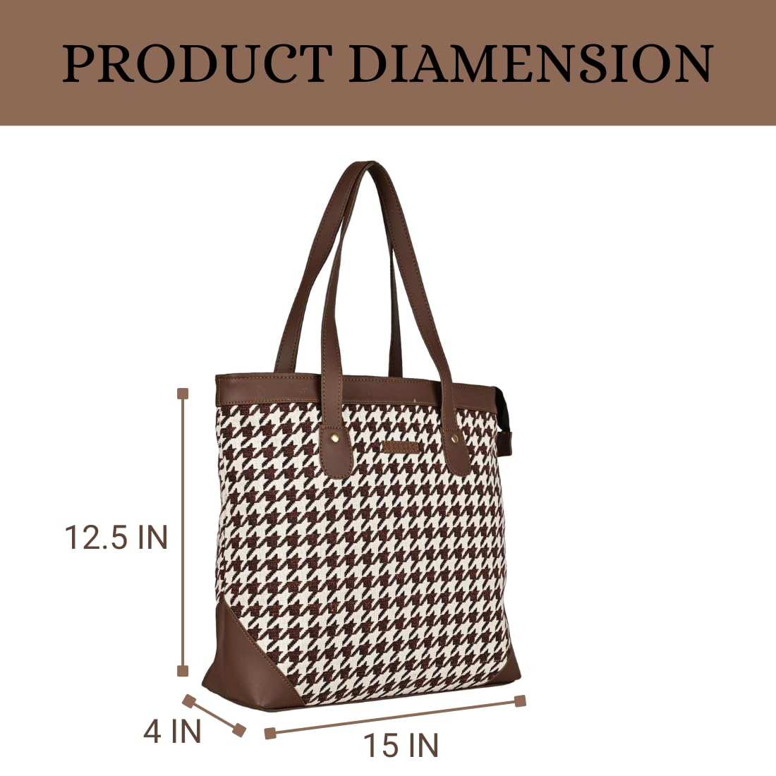 ENSAC Premium Cotton Tote Bag for Women, Stylish Handbag for women with Zip Closure | Fit for Office Bag, College, Travel Use | Handcrafted in IndiaTOTE-(HOUNDSTOOTH-BROWN-1) (Brown)
