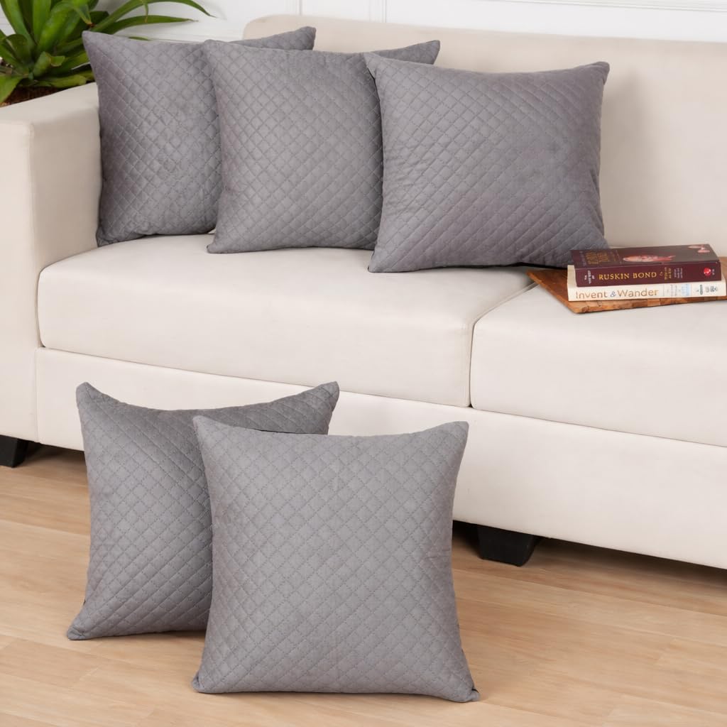 STITCHNEST Quilted Velvet Cushion Covers Set of 5 | Soft Grey | 24x24 Inches | Premium Sofa & Living Room Décor