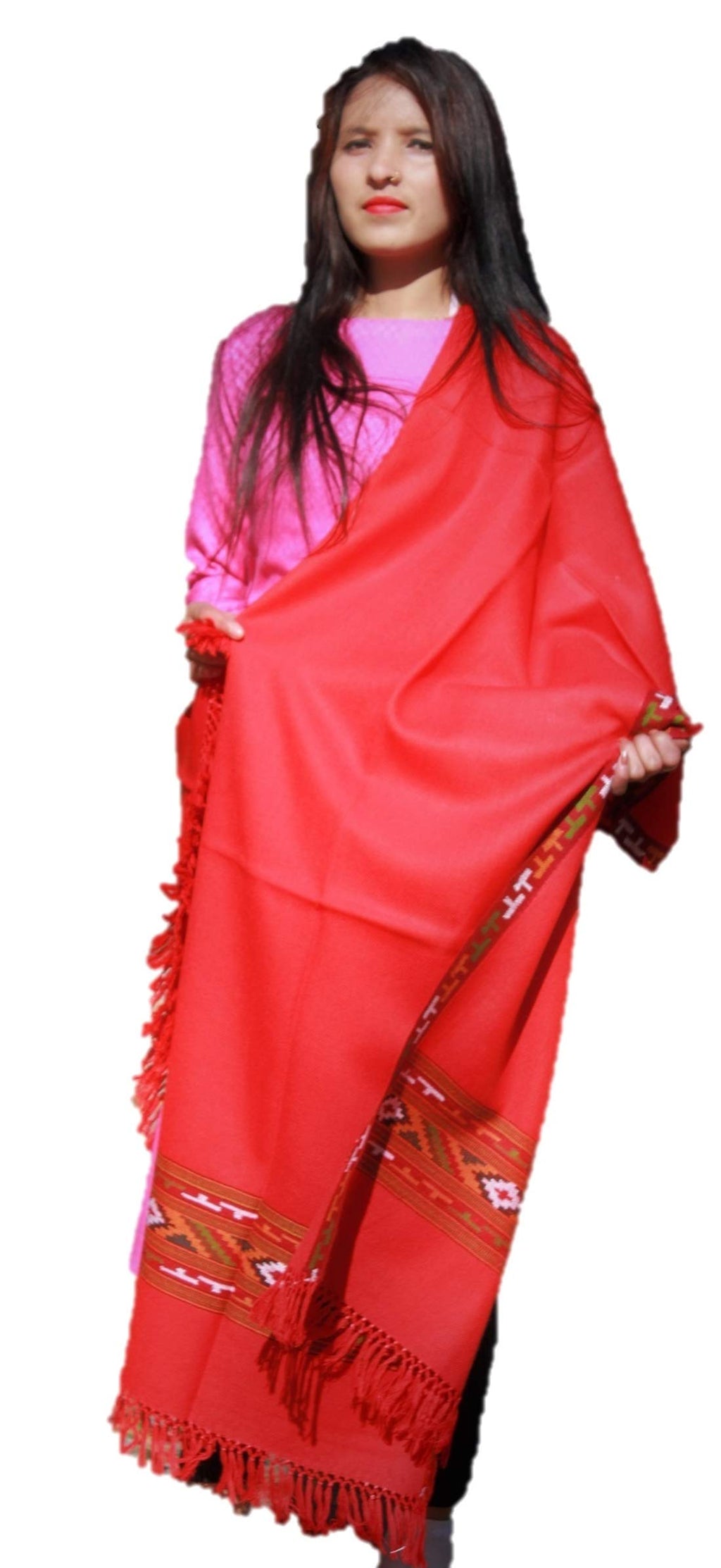 HImalayanKraft Hand Woven Kullu Handloom Woolen Shawl Red Colored with Beautiful Kullu Weaving Designed for Women and Girls.