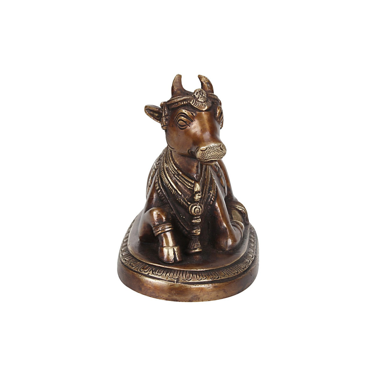 SVARUP Brass Nandi Shiv Ji Parvati Vehicle Bull Statue Idol Shiva Devotee Puja and Decor 5.5 Inches Copper Gold Color 1 Pcs