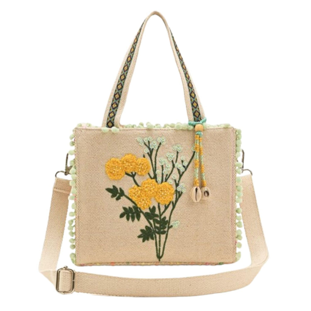 Boho Girl Marigold Mini Tote Bag | Floral Embroidered Hand Bag with Pom-Poms & Tassel |Handbag, Shoulder Bag, Shoulder Women Bag with Inside Pocket | Jacquard Canvas Material (BGB25-316-10-Inch)