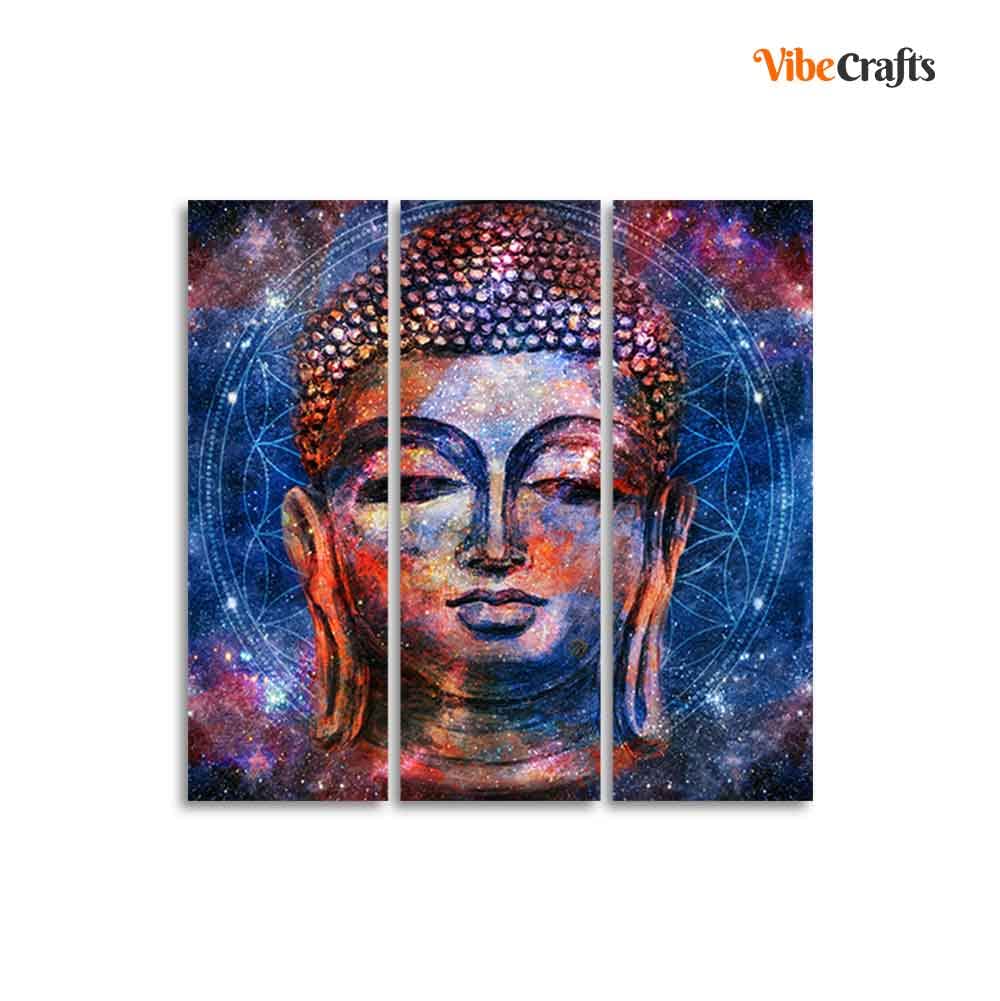 VIBECRAFTS 3 Pieces Buddha Head Canvas Wall Painting Fitted With Wooden Frame For Home | Office | Living Room | Gifts (PTVC3Pcs1_9515)