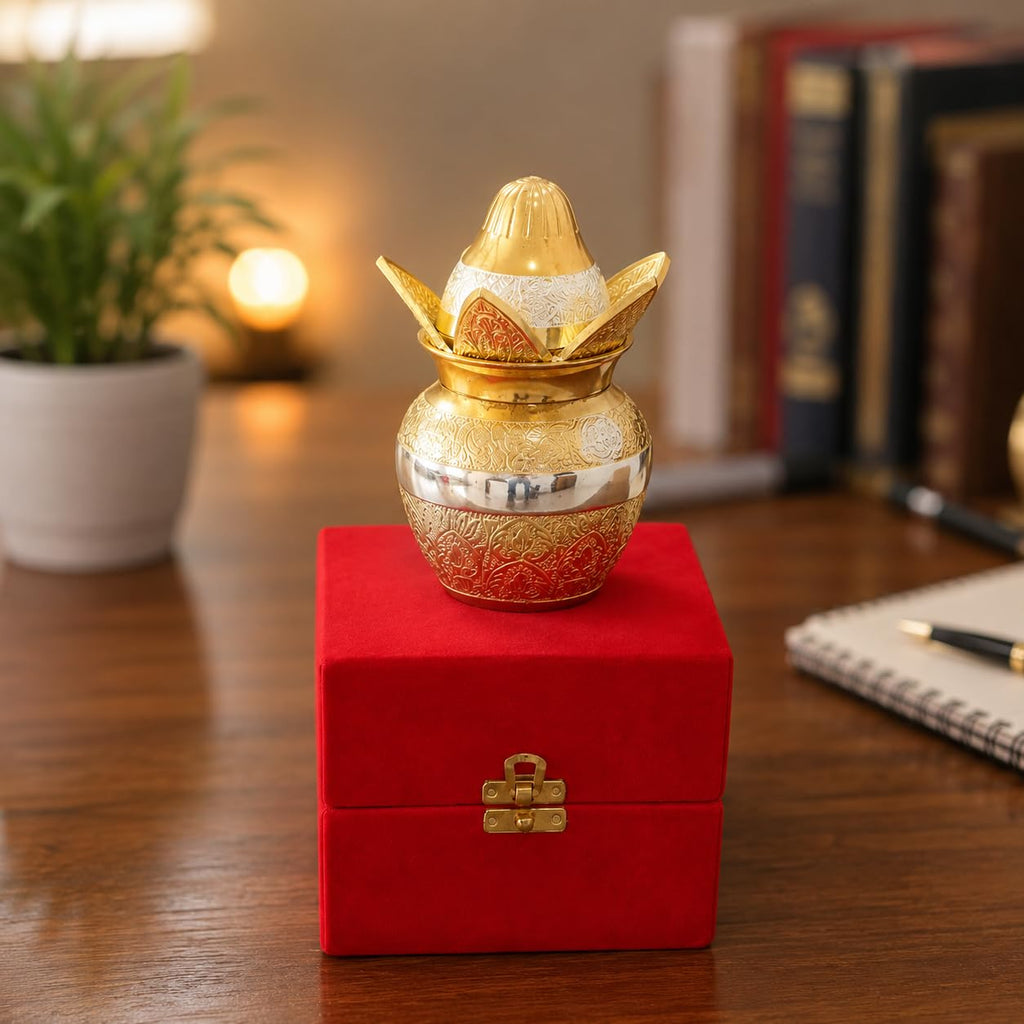 KridayKraft Gold-Silver Plated Pooja Kalash with Coconut, Leaves, and Royal Velvet Box Kalash Ideal Poojan Home, Temple, and Living Room Décor (Pack of 1)
