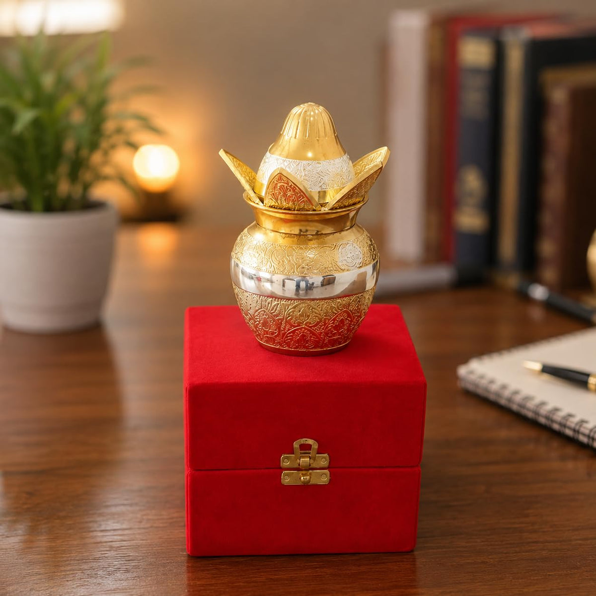 KridayKraft Gold-Silver Plated Pooja Kalash with Coconut, Leaves, and Royal Velvet Box Kalash Ideal Poojan Home, Temple, and Living Room Décor (Pack of 1)
