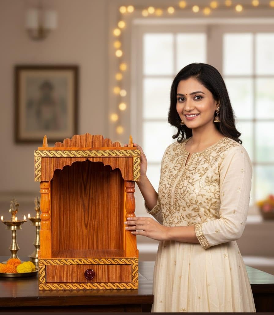Wooden Home Temple Mandir for Wall & Tabletop | Pooja Mandir with Drawer | Traditional Pooja Mandap for Home Décor (32 x 22 x 45 cm)