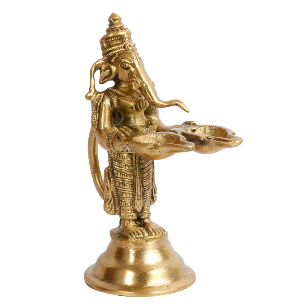 Artvarko Brass Ganesha Aarti Ganesh Diya Twin Oil Lamp with Handle Decorative Puja Home Temple Accessory, Camphor Burner lamp Aarti, Diwali Gifts Home Décor