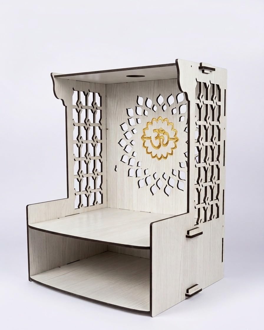 GOJEEVA KRAFT Beautiful White Wooden Pooja Stand for Home, Temple, Office, Wall Mounted Puja Mandir with LED Spot Light Size (L- 29 CM, W- 25 CM, H - 37.5 CM)