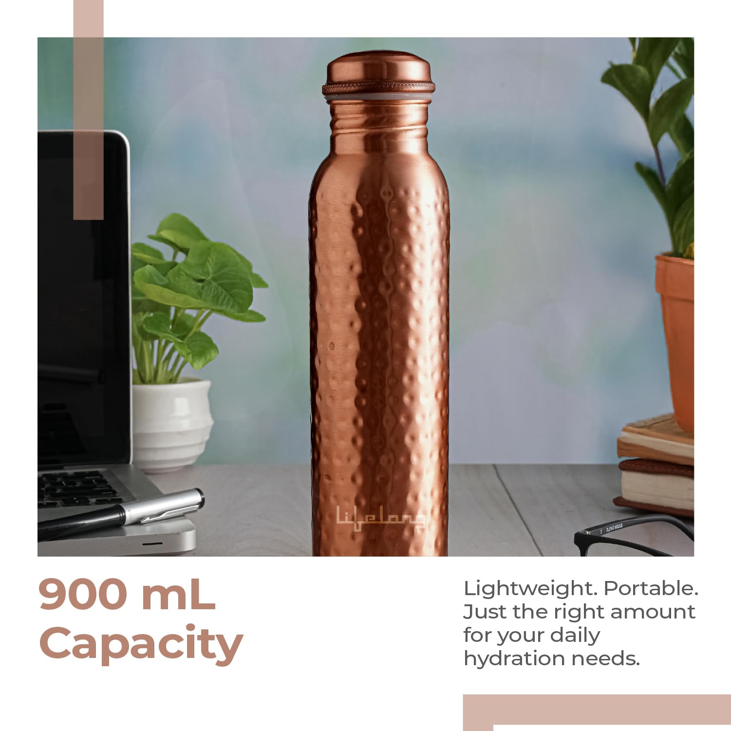 Lifelong 900 ml Copper Water Bottle | Natural alkaline water | Leakproof & Lightweight Design Boosts Immunity | Anti-Bacterial, BPA Free, Easy to Clean with Secure Cap for School, Travel, Gym & Work