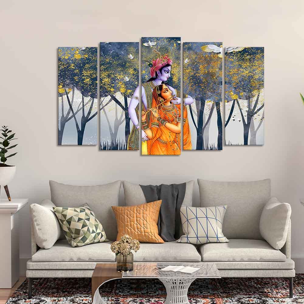 VIBECRAFTS Radhe Krishna Canvas Wall Painting of Five Pieces For Home|Office|Living Room|Gift (PTVC5Pcs2_6633)