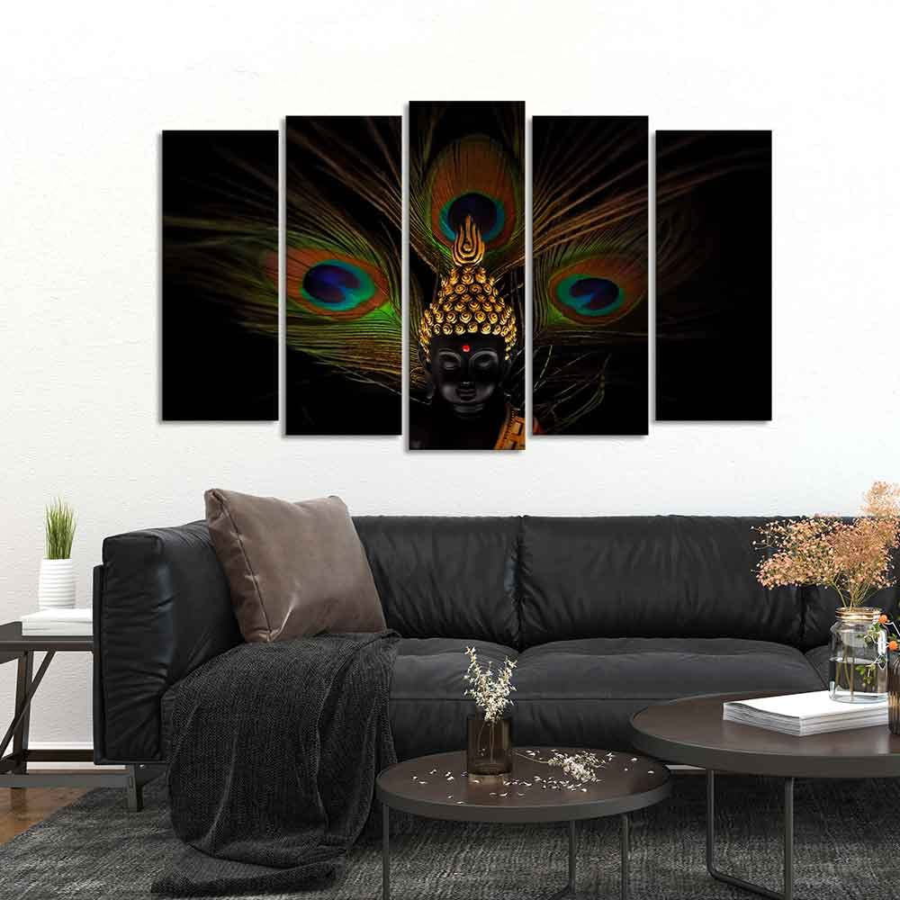 VIBECRAFTS Buddha With Peacock Feather Wall Painting of Five Pieces Set For Home|Office|Living Room|Gift (PTVC5Pcs2_6616)