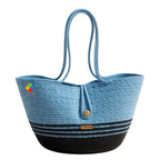 DYARCHY Woven Straw Beach Tote Bag, Cotton Rope Handle with Button Closure (SKY DARK BLUE)