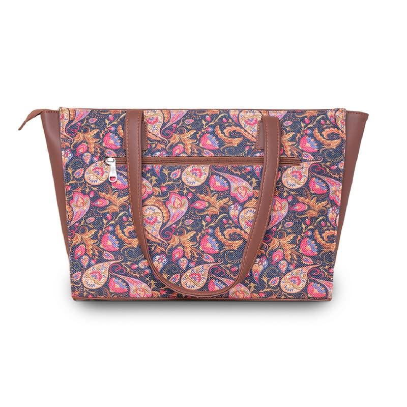 ZOUK Paisley Printed Jute Handcrafted Vegan Leather Women's Pink Structured Tote Bag