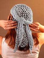 Hair Drama Co. Boho Crochet Scarf For Women | Medium Size Silver Crochet Headscarf | Bohemian Bandana Scarves | Metallic Thread Headband Scarfs for All Seasons