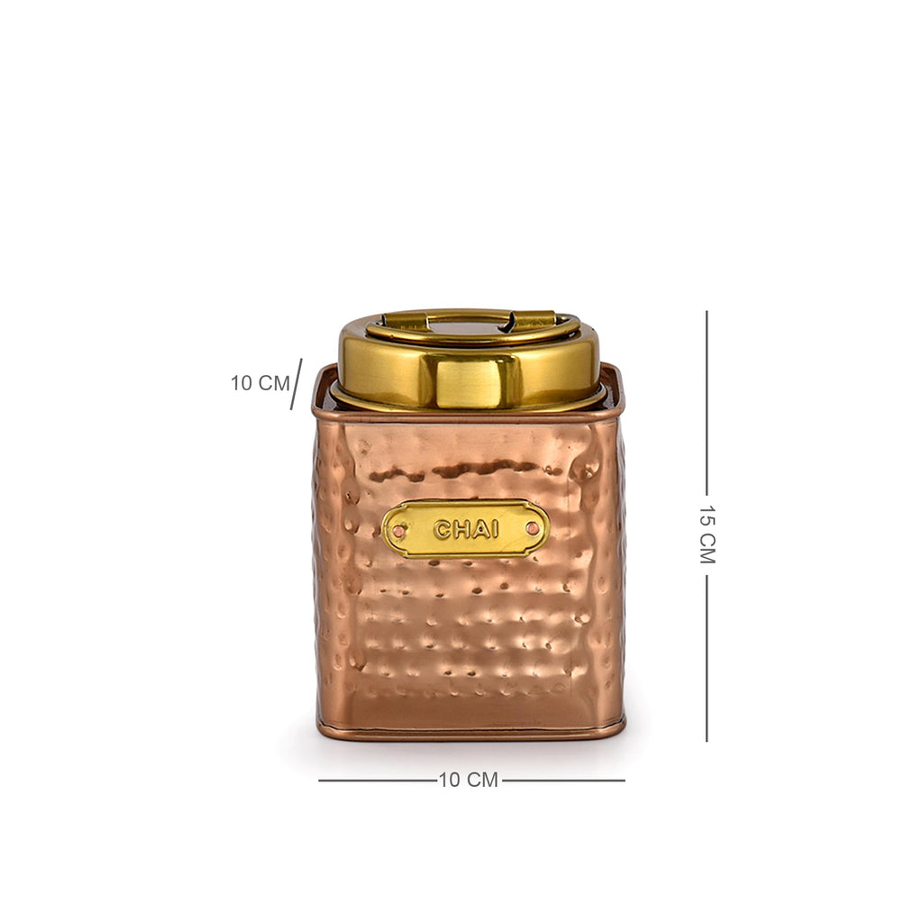 Elan Dabbahs and Days Stainless Steel Square Chai, Cheeni & Kaffee Multipurpose Canister, Kitchen Organizer Jar for Tea Sugar Coffee and Snacks (650 ml each, Set of 3, Copper and Antique Gold Finish)