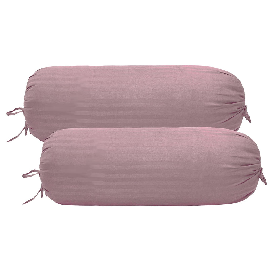 Trance Home Linen 100% Cotton 16x32 inch 200TC Striped Bolster Cover | Round Bed Side Long Bolster Pillow Cover to fit 24 Length 9 Dia | Pack of 2 Bolster Cover only (16x32 inch, Cameo Rose)