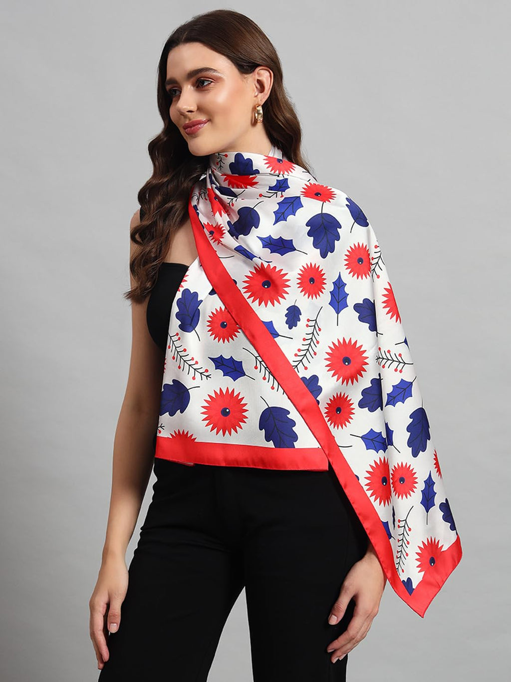 Ravaiyaa - Attitude is everything Women Lightweight Printed 100% Satin Silk Scarf Stoles Breathable Neckerchief Head Beach Wrap Scarves (Red White Leaf, 70 x 20 Inch)