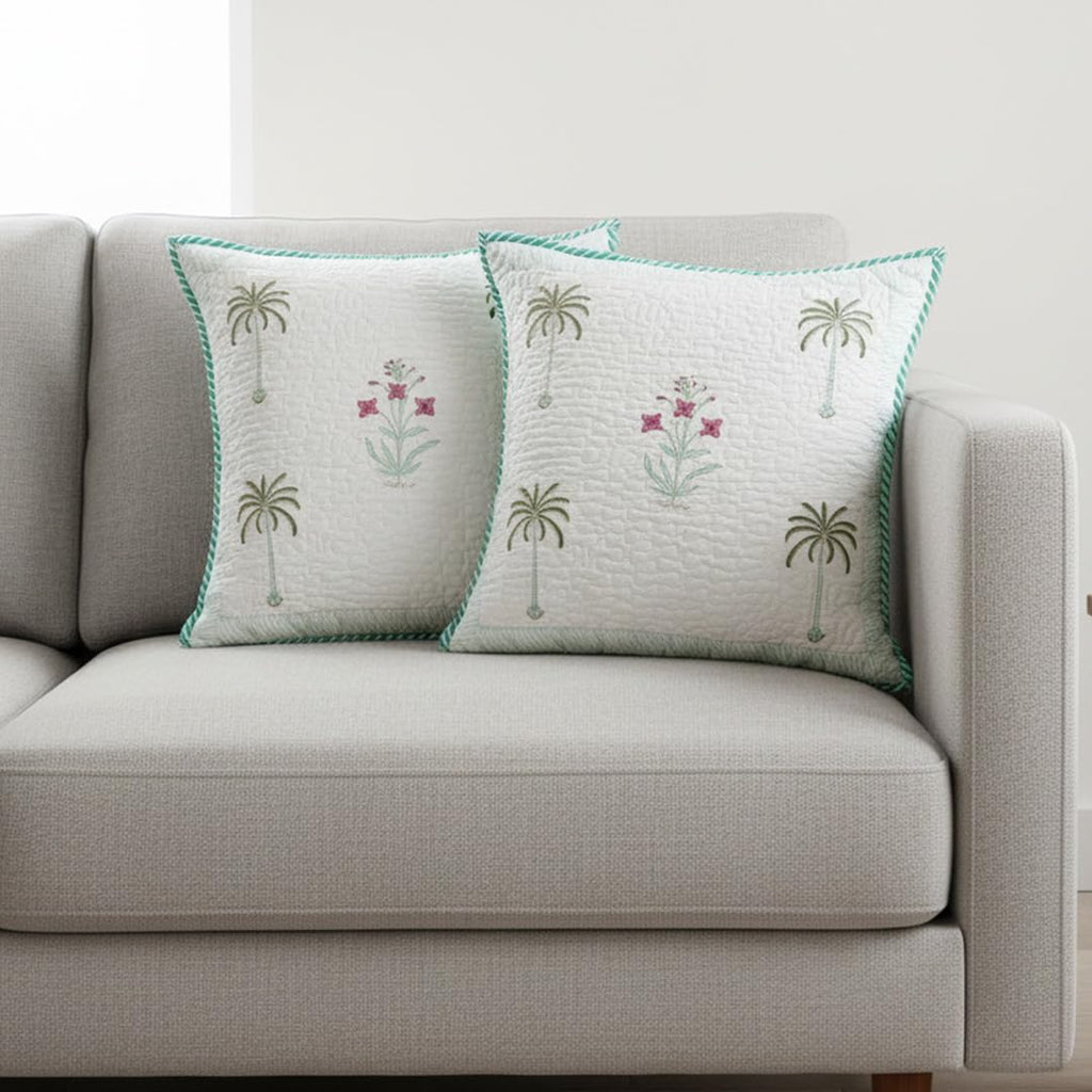 HOMEMONDE Pack of 5 Cushion Covers 24x24 Inches – Floral Hand Block Print, Quilted Cotton 300 TC, Soft Throw Pillow Cases for Sofa & Bed – Green (60x60 cm)