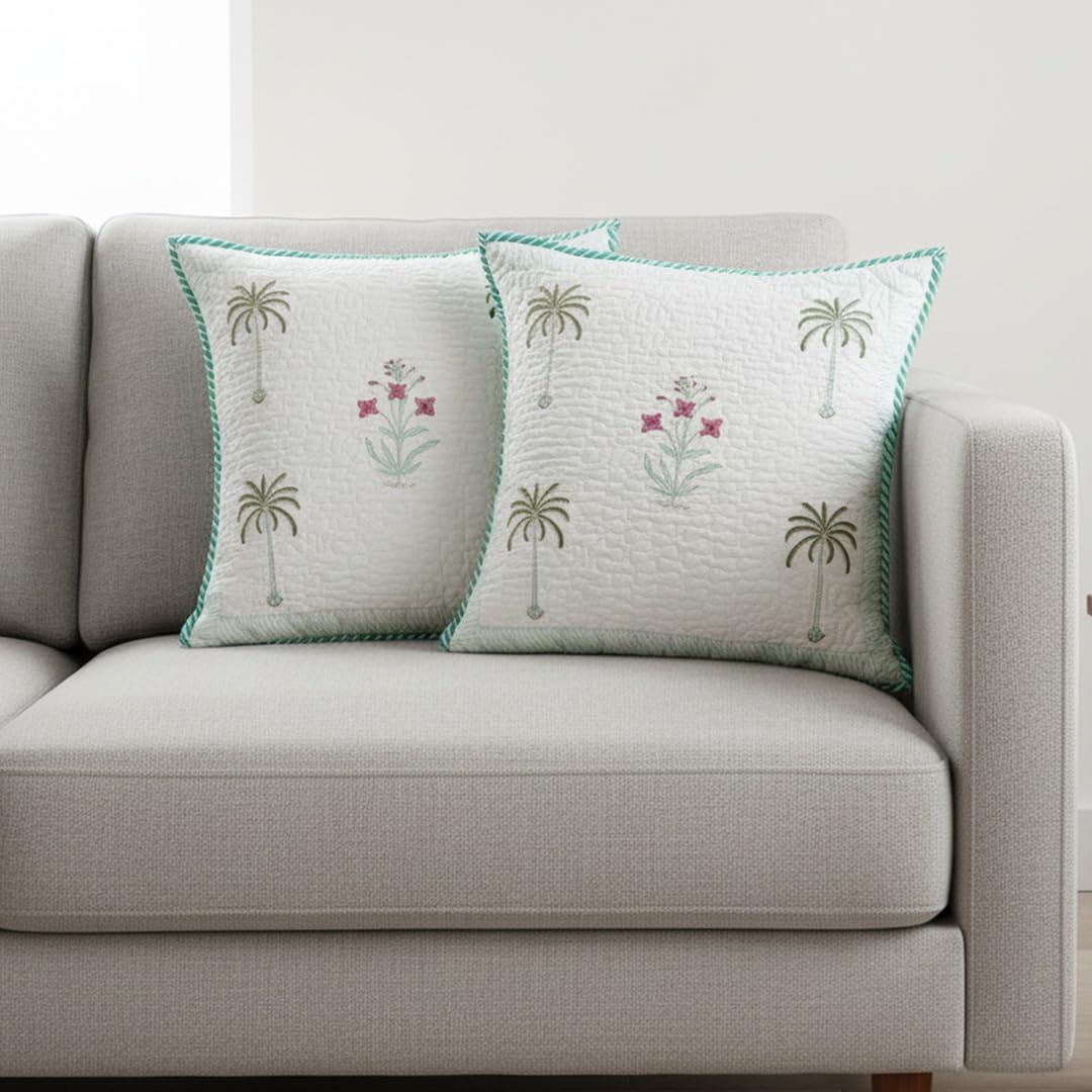 HOMEMONDE Pack of 5 Cushion Covers 24x24 Inches – Floral Hand Block Print, Quilted Cotton 300 TC, Soft Throw Pillow Cases for Sofa & Bed – Green (60x60 cm)