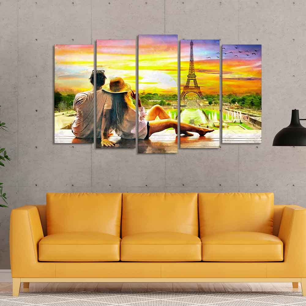VIBECRAFTS Couple Watching Sunset Paris Canvas Wall Painting of Five Pieces For Home|Office|Living Room|Gift (PTVC5Pcs2_6543)