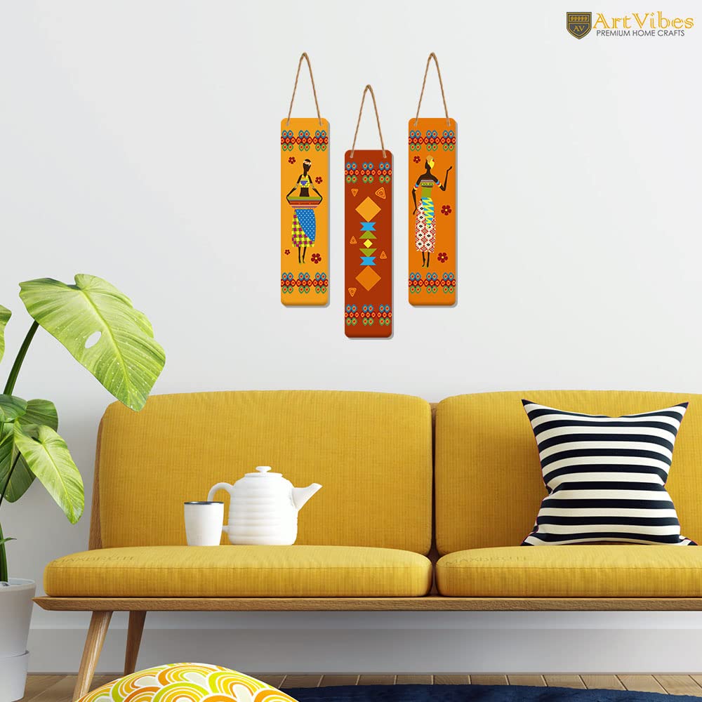 Artvibes African Warli Art Decorative Wall Art MDF Wooden Wall Hanger for Home | Room Wall Art | Modern Decor Artwork | Living Room | Cafe | Wall Art Print | Unique Gift Items (WH_8102N), Set of 3