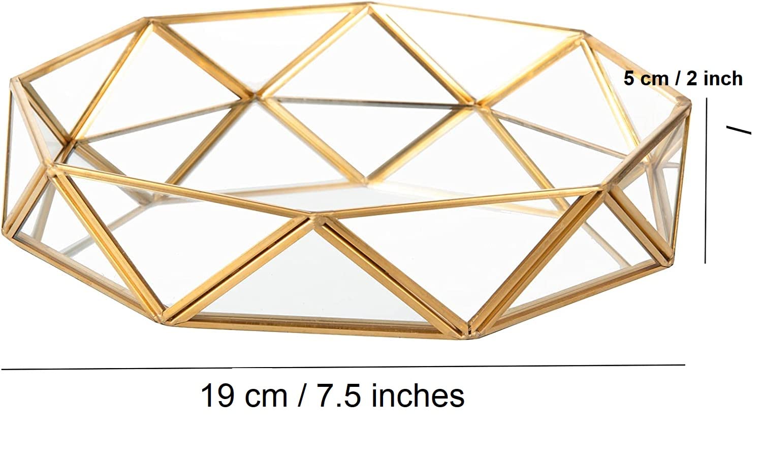 ARTINCO Gold Clear Glass Mirror Make up Vanity Tray Jewelry Organizer Cosmetic Display, Geometric Shape Perfume Display Decorative Tray for Home Decor Dresser Countertop 7.5 x 2 Inch Small