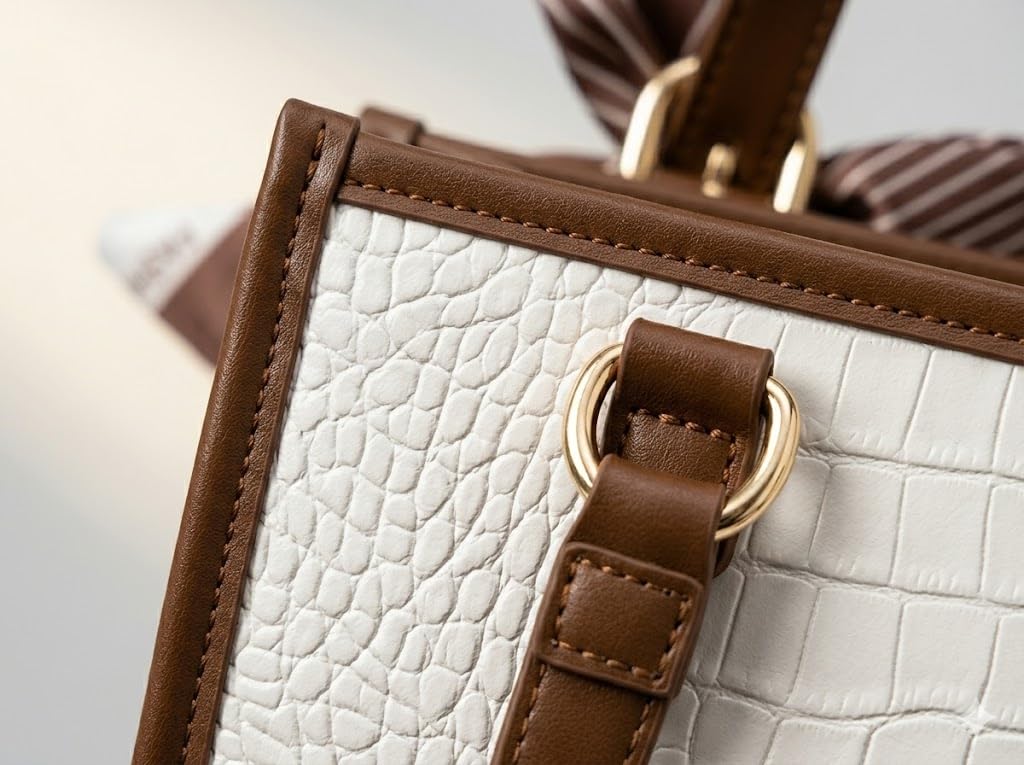 Pavilonn Women Handbag PU Leather Tote Purse Stylish Shoulder Office Bag Black Structured Croco Pattern Ladies Fashion Shopping Handbag Daily Use College Gift (BROWN AND WHITE)