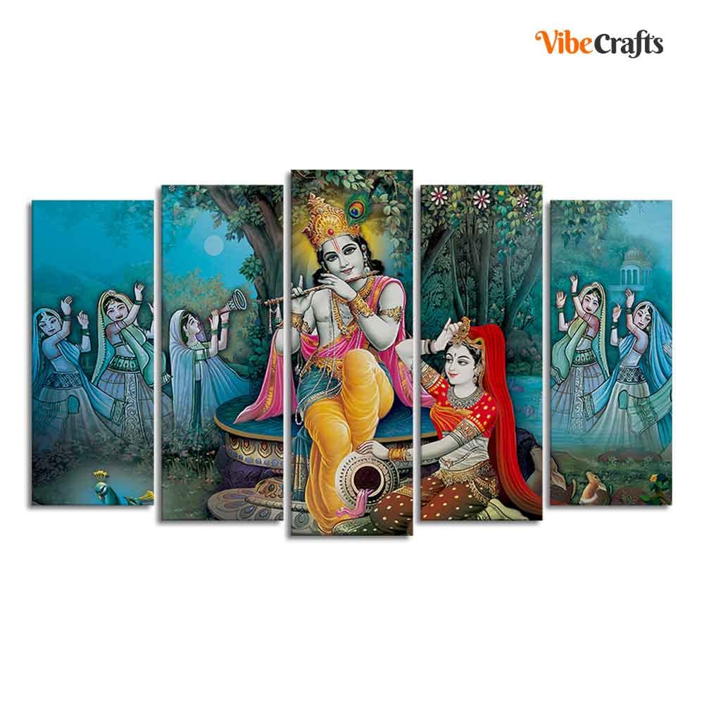 VIBECRAFTS Hindu Radha Krishna Wall Painting Set of Five For Home|Office|Living Room|Gift (PTVC5Pcs2_6552)