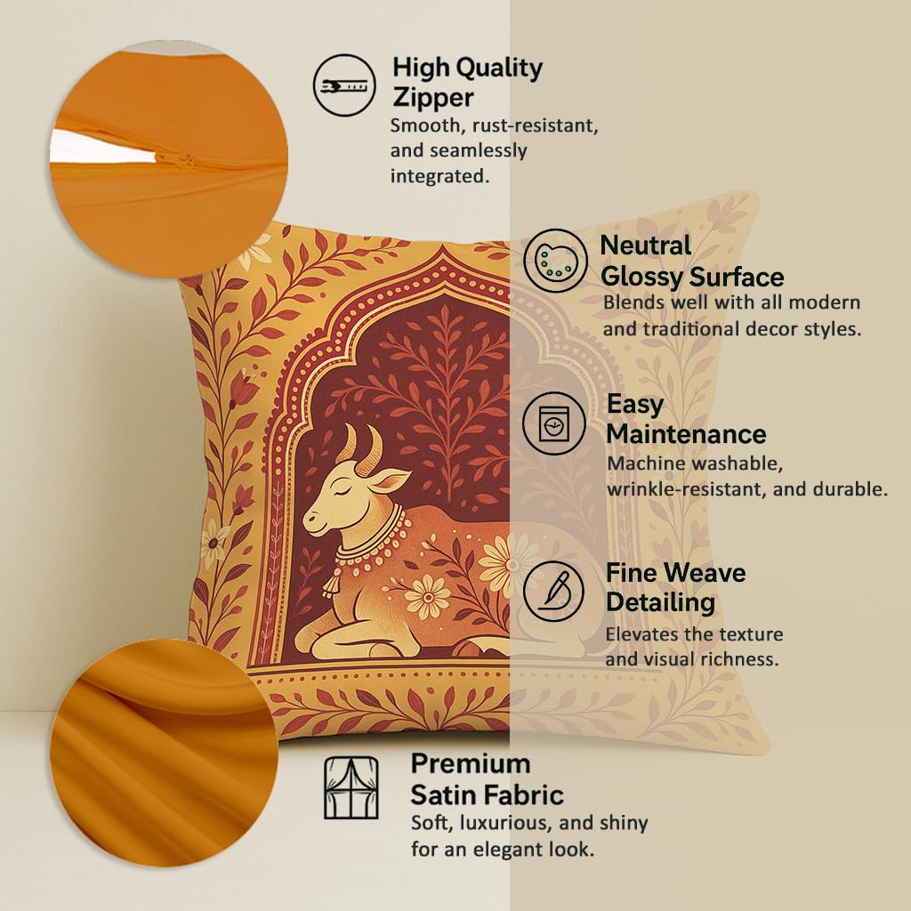 STITCHNEST Satin Cushion Covers Traditional Cow and Floral Design in Rajasthani Style, 24x24 Inch, Pack of 2 for Spiritual & Artistic Living Room Decor