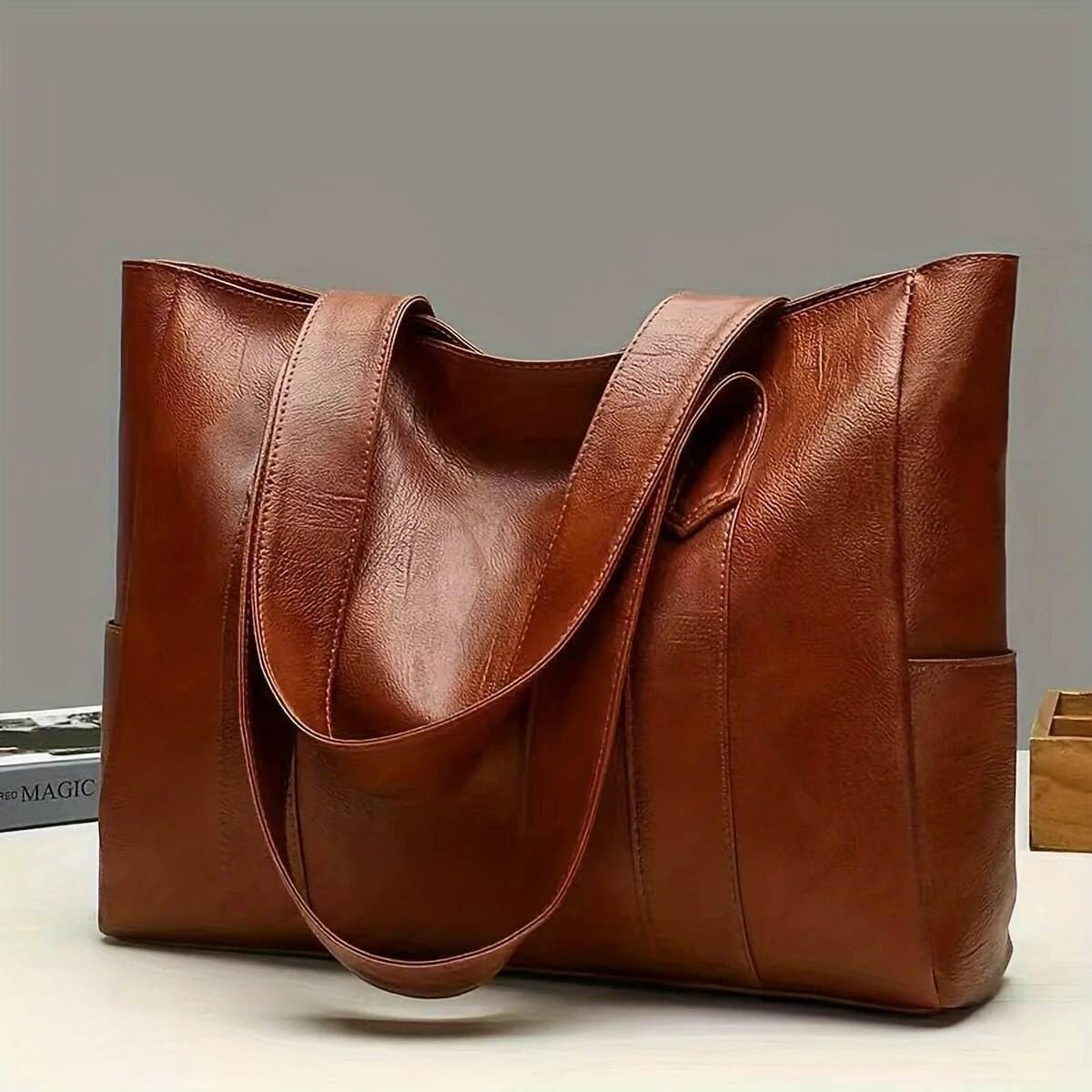 Butterfly Design Women Tote Large Leather Tote Bag, Woman's Leather Purse, Large Capacity Hand Bag (Brown)