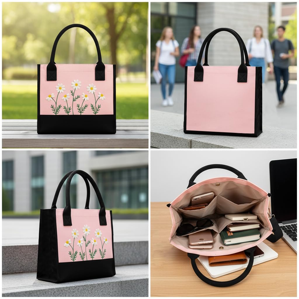 ECOCARRY Cotton Tote Bag For Woman Stylish | Embroidered Canvas Hand Bag With Floral Design | Latest Casual Shoulder Bag Zipper For College Girls, Office, Daily Use, Travel, Beach, Shopping (Pink)
