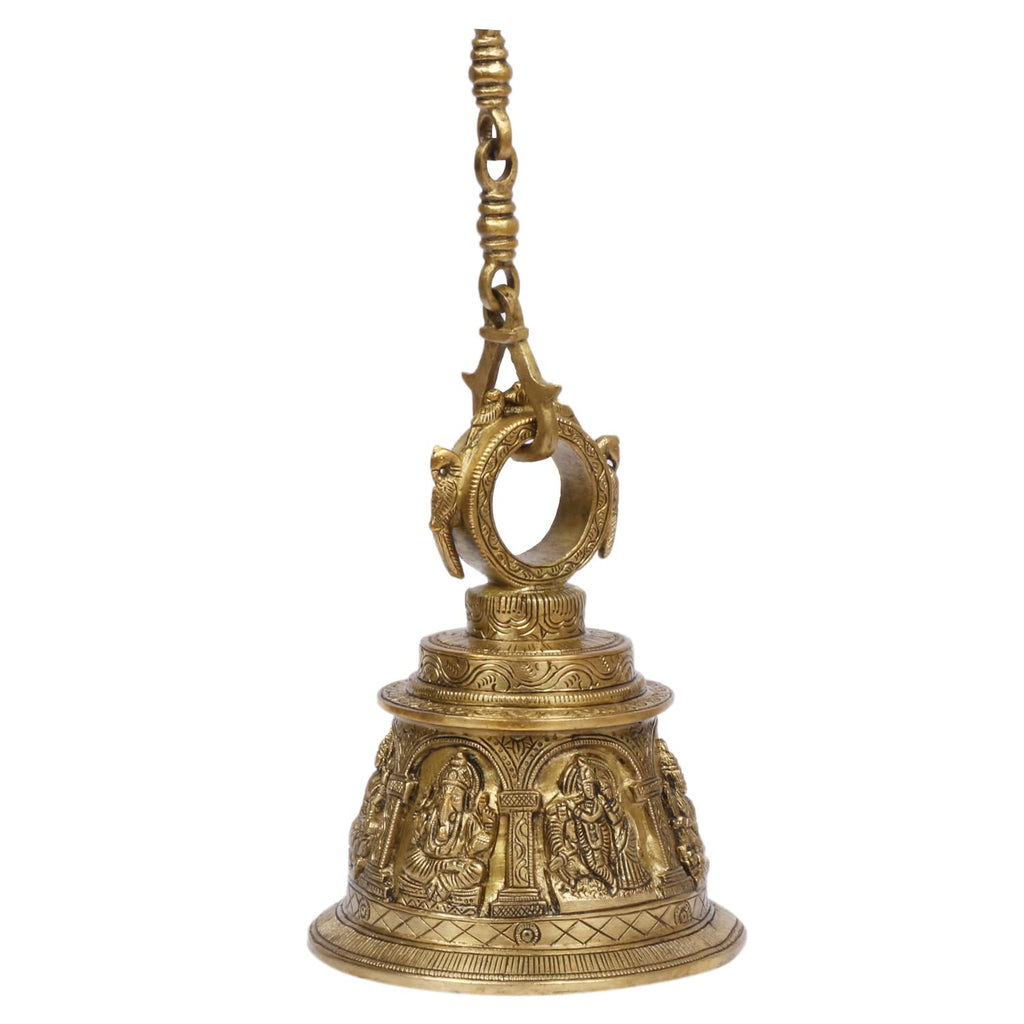 Artvarko Brass Big Temple Bell with Chain Radha Krishna, Shiva, Maa Durga, Hanuman, Lakshmi & Ganesha Engraved for Pooja Puja Room Mandir Ghanta Home Entrance Décor