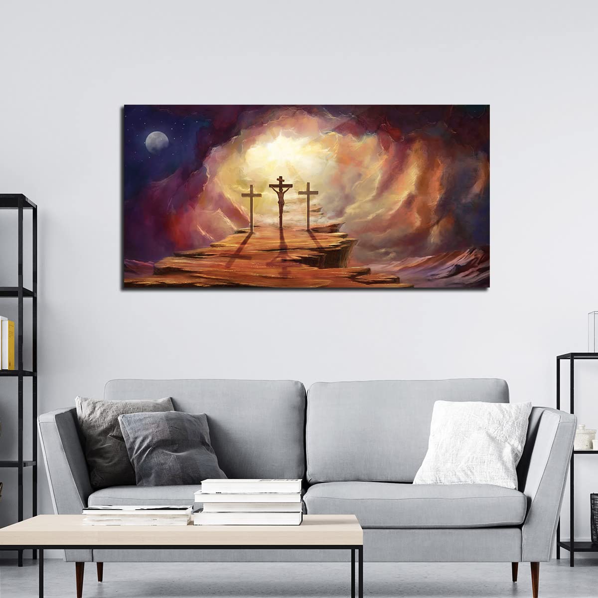 VIBECRAFTS Canvas Paintings for Living Room Drawing Room Premium Wall Painting of Jesus Cross with Moon Dark Background Fitted with Wooden Frame for Home|Office|Gift(PTVCH_2299NV)