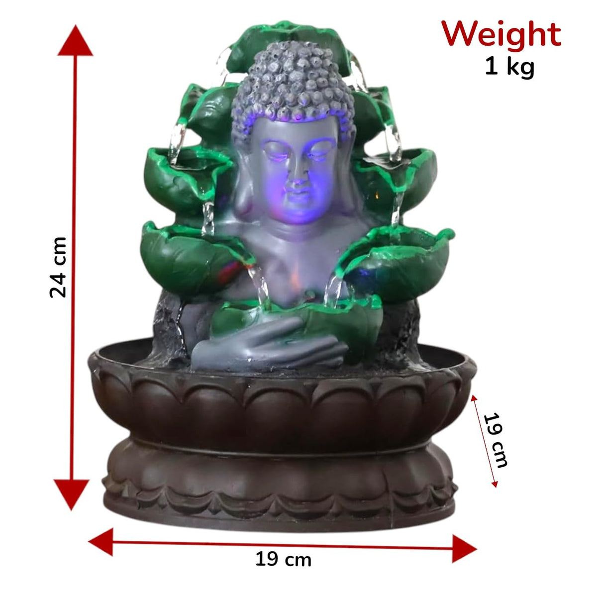 KridayKraft Buddha Face Water Fountain Idol Polyresin Lotus Water Fountain Showpiece for Home Garden Living Room Decor Decoration Gift Items, 24 CM