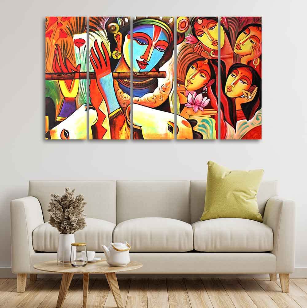 VIBECRAFTS Radha Krishna Beautiful Wall Painting of Five Pieces For Home|Office|Living Room|Gift (PTVC5Pcs4_8706)