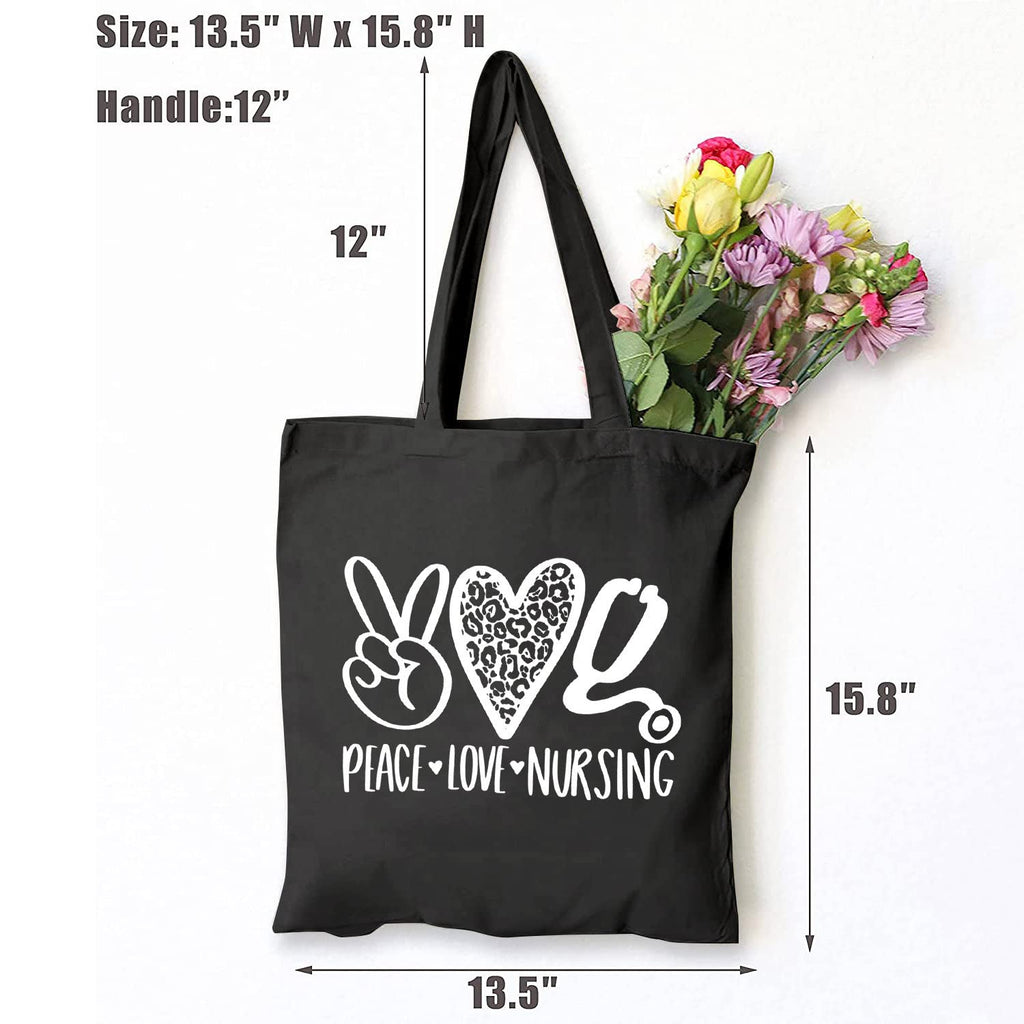 TSIIUO Peace Love Nursing Stethoscope Reusable Cotton Canvas Tote Bags for Women Funny Nurse Life Grocery Shopping Bag, Black, 15.8 x 13.5 inches
