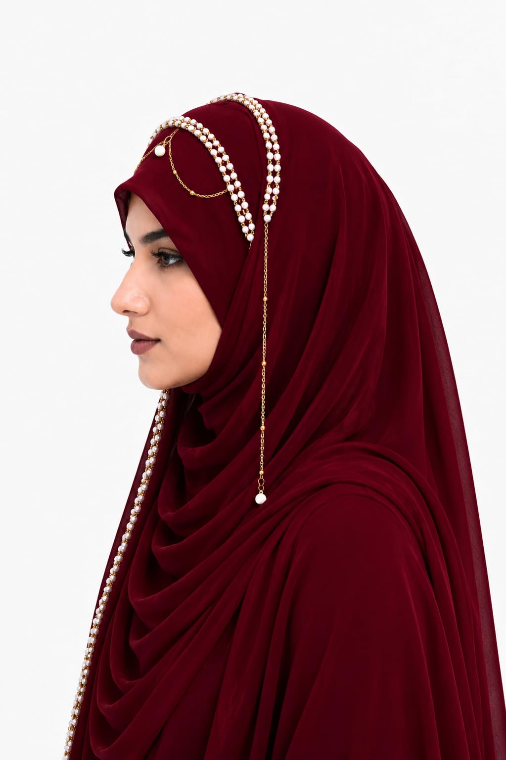 AL NOOR HIJAB Women's Pearl Chain Stone Hijab Scarf WIth Chiffon Dupatta